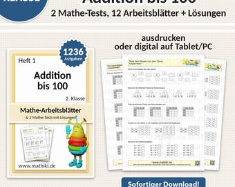 Fichas de matemáticas para 2.º grado | Sumas hasta 100 | Con instrucciones, pruebas y soluciones (PDF para tableta e impresión)