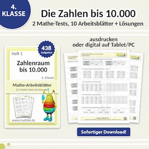 Math worksheets for 4th grade | Numbers up to 10,000 | With instructions, tests and solutions (PDF for tablet & print)