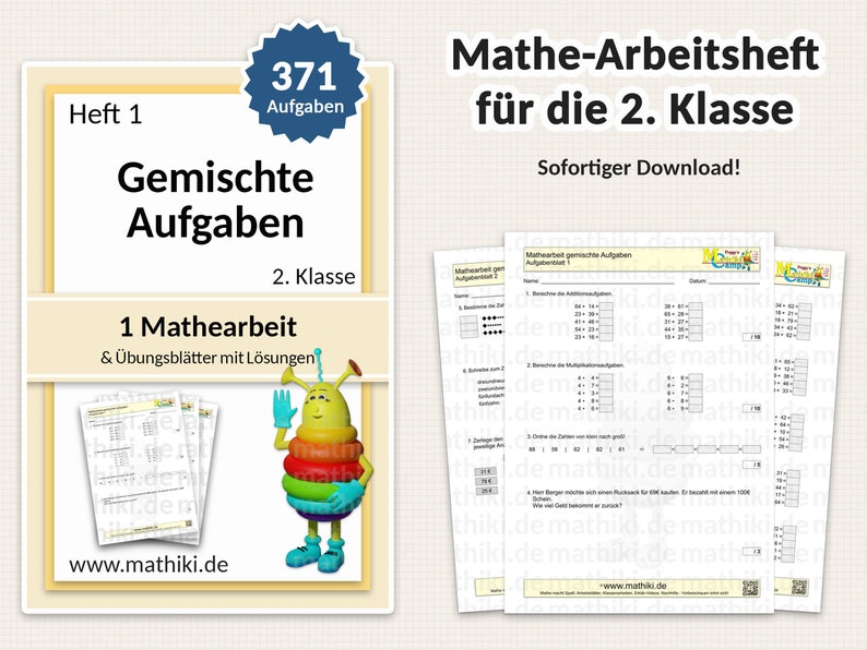 2. Klasse Mathe Arbeit und interaktive PDFs mit Übungsblättern und Lösung | Anleitung zu Übungen | Gemischte Aufgaben bis 100 | 371 Aufgaben