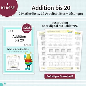 Math worksheets for 1st grade | Addition up to 20 | With instructions, tests and solutions (PDF for tablet & print)