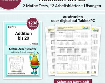 Mathe Arbeitsblätter 1. Klasse | Addition bis 20 | Mit Anleitung, Tests und Lösungen PDF für Tablet & Druck