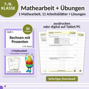 Hoja de ejercicios de matemáticas para 7.º y 8.º grado | Cálculo de porcentajes | Hojas de trabajo con instrucciones, ejercicios y soluciones (PDF para tableta e impresión)
