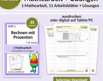 Hoja de ejercicios de matemáticas para 7.º y 8.º grado | Cálculo de porcentajes | Hojas de trabajo con instrucciones, ejercicios y soluciones (PDF para tableta e impresión)