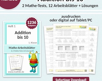 Mathe Arbeitsblätter 1. Klasse | Addition bis 10 | Mit Anleitung, Tests und Lösungen PDF für Tablet & Druck
