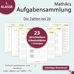 Esercizi di matematica per la prima elementare | Numeri fino a 20 | Serie di problemi PDF per tablet e stampa