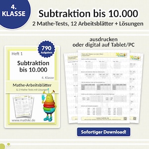 Schede di matematica per la quarta elementare | Sottrazioni fino a 10.000 | Con istruzioni, test e soluzioni (PDF per tablet e stampa)