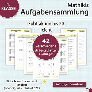 Può includere: Una raccolta di fogli di lavoro di matematica per la 1a elementare, incentrata sulla sottrazione fino a 20. L'immagine mostra più pagine con problemi, incluso il testo "42 fogli di lavoro diversi + soluzioni".