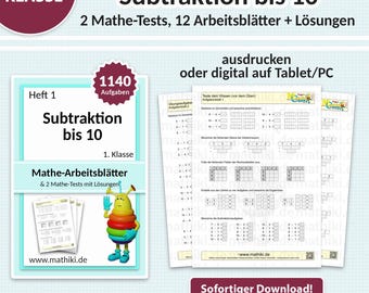 Mathe Arbeitsblätter 1. Klasse | Subtraktion bis 10 | Mit Anleitung, Tests und Lösungen PDF für Tablet & Druck