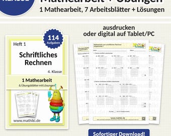 Examen de matemáticas para 4.º grado | Aritmética escrita hasta 1000 | Hojas de trabajo con instrucciones, ejercicios y soluciones (PDF para tableta e impresión)