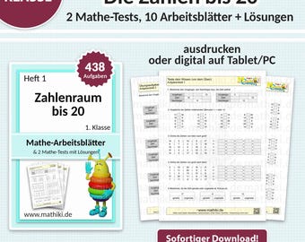 Mathe Arbeitsblätter 1. Klasse | Die Zahlen bis 20 | Mit Anleitung, Tests und Lösungen PDF für Tablet & Druck