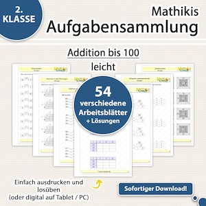 Può includere: Una raccolta di fogli di lavoro di matematica stampabili per la seconda elementare, con problemi di addizione fino a 100. I fogli di lavoro includono 54 esercizi diversi con soluzioni, progettati per una facile stampa e utilizzo su tablet o PC. Il testo include "Mathikis".