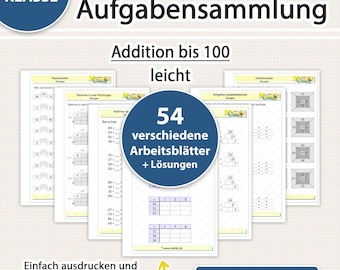 May include: A collection of printable math worksheets for the second grade, featuring addition problems up to 100. The worksheets include 54 different exercises with solutions, designed for easy printing and use on tablets or PCs. The text includes "Mathikis" and "Sofortiger Download!"