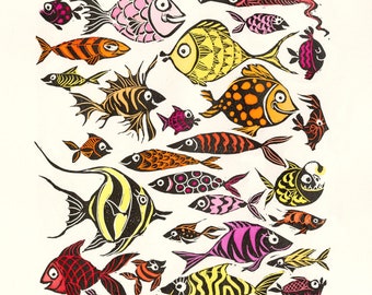 Happy Fish Linocut print greetings card.