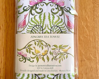 Finches in Ferns Tea Towel