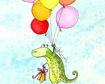 Dinosaur birthday card , hand painted watercolour design, suitable for any birthday