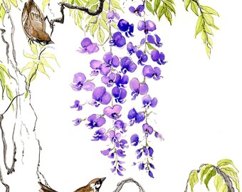 Wisteria with sparrows greetings card