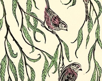 Long-Tailed Tits Greetings Card, Hand Carved Linocut Bird Art
