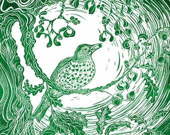 Mistle Thrush Greetings Card, Green Linocut Print