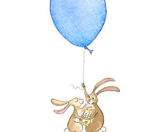 New Baby Boy Bunny Family Greeting Card, Watercolour Illustration (5x7 inches)