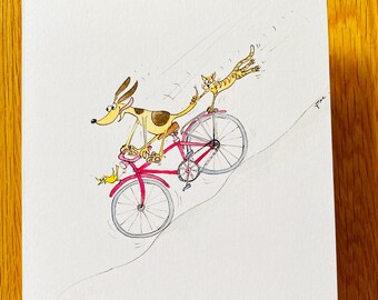 Downhill Ride Cyclist Greetings Card, Watercolor Bike Art
