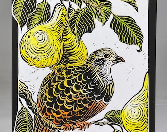 Black border partridge in a pear tree greetings card