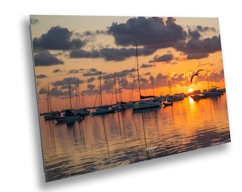 Sunset Harbor Print - Golden Hour with Sailboats – Tranquil Coastal Marina Wall Art