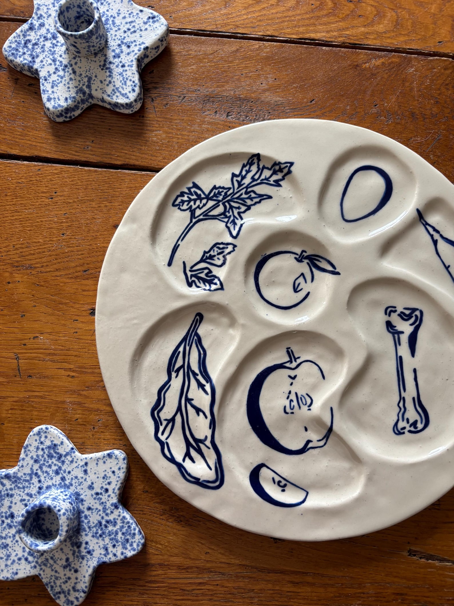 Handmade & Handpainted Passover Seder Plate - Ceramic - Blue