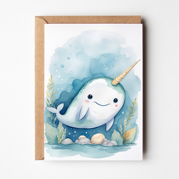 Cute Narwhal Watercolor Greeting Card for Her Him