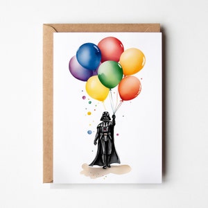 Funny Darth Vader Holding Birthday Balloons Greeting Card for Her Him / Star Wars / Watercolor