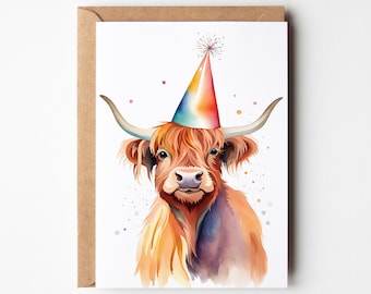 Highland Cow Birthday Funny Greeting Card for Her Him Watercolor