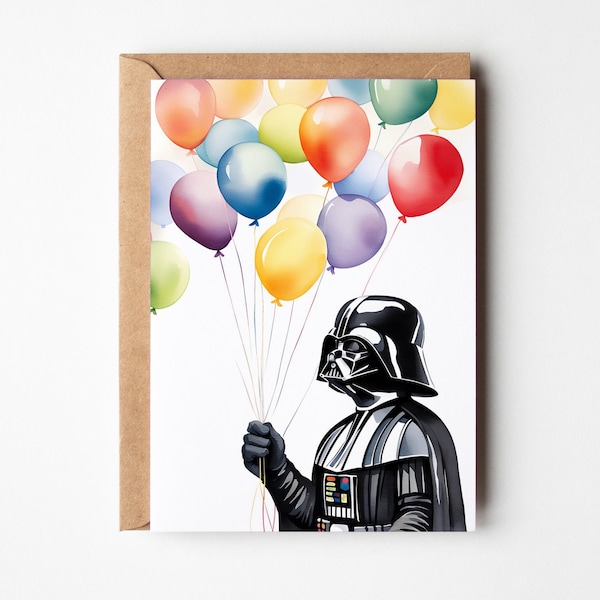 Funny Darth Vader Holding Birthday Balloons Greeting Card for Her Him / Star Wars / Watercolor