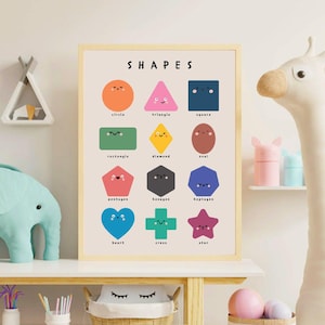 May include: A framed poster displaying the word "SHAPES" and colourful illustrations of geometric shapes. The shapes include a circle, triangle, square, rectangle, diamond, oval, pentagon, hexagon, heptagon, heart, cross, and star. Ideal for a child's room.