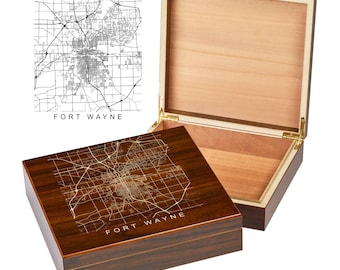 Fort Wayne Indiana Box | City Maps | Custom Engraved Keepsake Box | City Skyline | Downtown City Map | Custom Cigar Humidor | Humidor Gifts