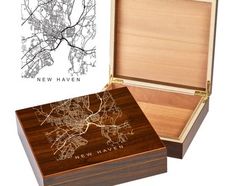 New Haven CT Box | City Maps | Custom Engraved Keepsake Box | City Skyline | Downtown City Map | Custom Cigar Humidor | Humidor Gifts