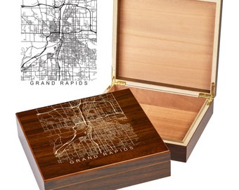 Grand Rapids Box | City Maps | Custom Engraved Keepsake Box | City Skyline | Downtown City Map | Custom Cigar Humidor | Humidor Gifts