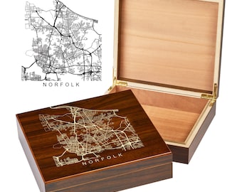 Norfolk Virginia Box | City Maps | Custom Engraved Keepsake Box | City Skyline | Downtown City Map | Custom Cigar Humidor | Humidor Gifts