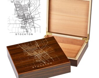 Stockton CA Box | City Maps | Custom Engraved Keepsake Box | City Skyline | Downtown City Map | Custom Cigar Humidor | Humidor Gifts
