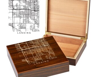 Lansing Illinois Box | City Maps | Custom Engraved Keepsake Box | City Skyline | Downtown City Map | Custom Cigar Humidor | Humidor Gifts