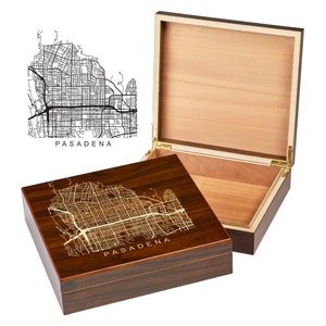 Boîte Pasadena Californie | Plans de la ville | Boîte souvenir gravée personnalisée | sur les toits de la ville | Plan du centre-ville | Cave à cigares personnalisée | Cadeaux pour caves à cigares