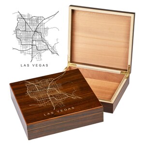 Boîte Las Vegas Nevada | Plans de la ville | Boîte souvenir gravée personnalisée | sur les toits de la ville | Plan du centre-ville | Cave à cigares personnalisée | Cadeaux pour caves à cigares