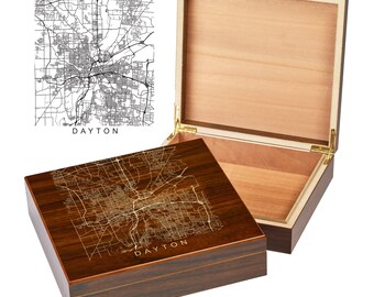 Dayton Ohio Box | City Maps | Custom Engraved Keepsake Box | City Skyline | Downtown City Map | Custom Cigar Humidor | Humidor Gifts