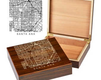 Santa Ana CA Box | City Maps | Custom Engraved Keepsake Box | City Skyline | Downtown City Map | Custom Cigar Humidor | Humidor Gifts