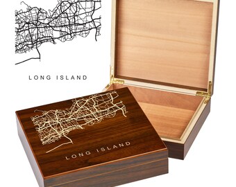 Long Island NY Box | City Maps | Custom Engraved Keepsake Box | City Skyline | Downtown City Map | Custom Cigar Humidor | Humidor Gifts