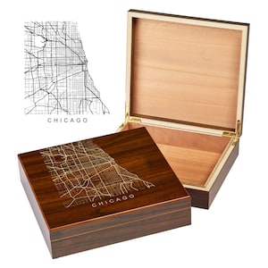 Boîte Chicago Illinois | Plans de la ville | Boîte souvenir gravée personnalisée | sur les toits de la ville | Plan du centre-ville | Cave à cigares personnalisée | Cadeaux pour caves à cigares