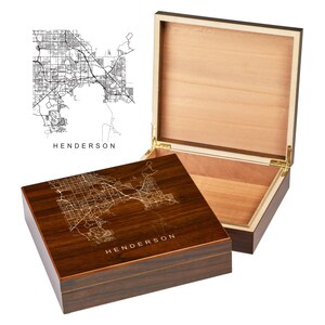Boîte Henderson Nevada | Plans de la ville | Boîte souvenir gravée personnalisée | sur les toits de la ville | Plan du centre-ville | Cave à cigares personnalisée | Cadeaux pour caves à cigares