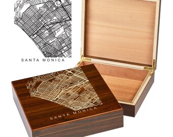 Santa Monica CA Box | City Maps | Custom Engraved Keepsake Box | City Skyline | Downtown City Map | Custom Cigar Humidor | Humidor Gifts