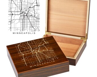 Minneapolis MN Box | City Maps | Custom Engraved Keepsake Box | City Skyline | Downtown City Map | Custom Cigar Humidor | Humidor Gifts