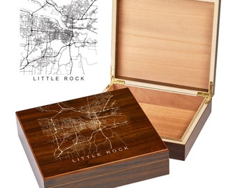 Little Rock Box | City Maps | Custom Engraved Keepsake Box | City Skyline | Downtown City Map | Custom Cigar Humidor | Humidor Gifts