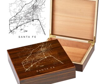 Santa Fe New Mexico Box | City Maps | Custom Engraved Keepsake Box | City Skyline | Downtown City Map | Custom Cigar Humidor | Humidor Gifts