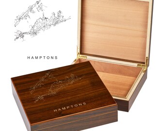 Hamptons New York Box | City Maps | Custom Engraved Keepsake Box | City Skyline | Downtown City Map | Custom Cigar Humidor | Humidor Gifts